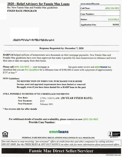 Mortgage direct mail example: EMM Loans rate-and-terms package. Sparse envelope, green-highlighted rate table, qualification language, and phone response.