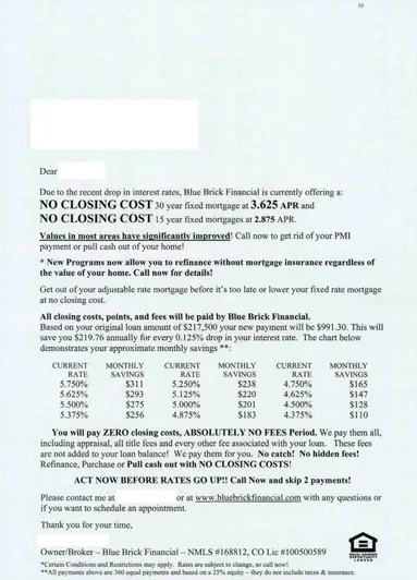 Mortgage direct mail example: Blue Brick Financial no-closing-cost package. Sparse envelope, no-closing-cost message, rate comparison table, and phone response.