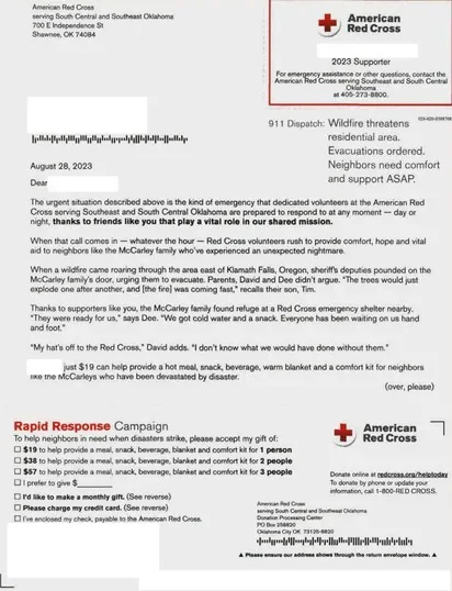 Humanitarian relief direct mail example: American Red Cross rapid-response appeal. Red response envelope, emergency story letter, small-gift options, QR donation path, and reply form.