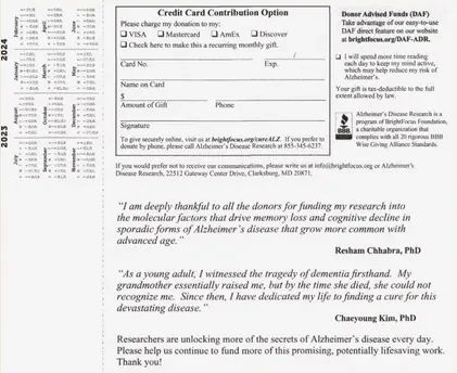Health research direct mail example: Alzheimer's Association gift-voucher annual fund. Flower-accented annual-fund letter, free educational gift, research stories, and credit-card donation form.