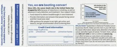 Cancer support direct mail example: American Cancer Society annual-fund package. Annual-fund letter, cancer-support card, survivor stories, reply form, and research or service proof.