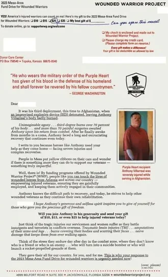 Veterans support direct mail example: Wounded Warrior Project personalized donor package. Personalized outer envelope, veteran story, mission letter, small-gift options, and reply form.