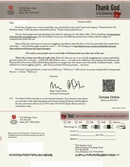 Community support direct mail example: Salvation Army holiday gratitude package. Red-and-green holiday envelope, seasonal thank-you letter, child story, impact metrics, and QR donation path.