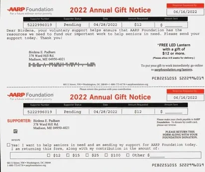 Senior support direct mail example: AARP Foundation annual-gift notice. Reminder envelope, annual-gift notice, senior-poverty statistics, credit-card form, and matching-gift language.