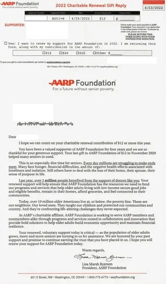Senior support direct mail example: AARP Foundation deadline-led annual appeal. Bright deadline envelope, charitable-commitment form, senior-poverty story, and credit-card donation path.