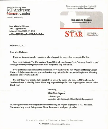 Cancer research direct mail example: MD Anderson Cancer Center recognition-card appeal. Recognition-card envelope, personalized cancer-research letter, service details, and QR response.