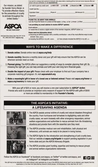 Animal welfare direct mail example: ASPCA membership-card package. Animal-photo envelope, membership card, gift tiers, pet-help options, and online response.