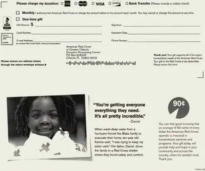 Humanitarian relief direct mail example: American Red Cross community-drive appeal. Blue community-drive envelope, emergency-assistance letter, survivor story, QR path, and reply form.