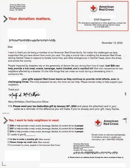 Health fundraising direct mail example: American Red Cross health-support appeal. Red Cross support letter, community stories, small-gift options, mission panels, and donation form.
