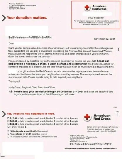 Disaster relief direct mail example: American Red Cross disaster-survivor appeal. Disaster-survivor story panel, emergency-response proof, gift options, and reply form.