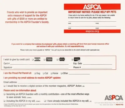 Animal welfare direct mail example: ASPCA pet-protection package. Pet-photo envelope, membership card, gift tiers, animal-help options, and response form.