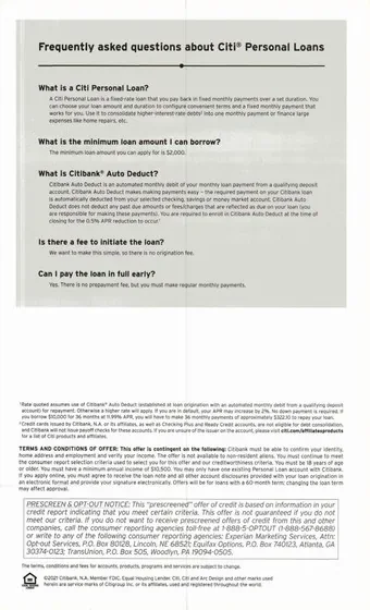Personal loans direct mail example: Personalized-loan checklist package. Blue-branded envelope, personalized loan offer, checklist of borrowing benefits, and a detailed FAQ insert.
