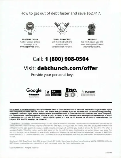 Personal loans direct mail example: Debt-consolidation savings package. Plain envelope, pre-approval message, side-by-side debt-savings comparison, trust markers, and phone response.