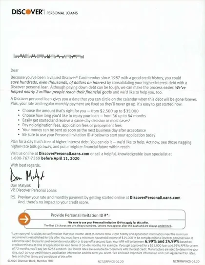 Personal loans direct mail example: Personal-loan booklet with green response panel. Long multi-page package with a personal-loan letter, application steps, terms, and a branded green close.