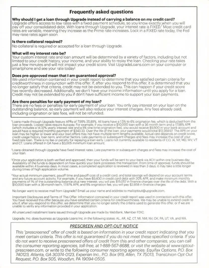 Personal loans direct mail example: Pre-approved loan FAQ package. Personal-and-confidential envelope, pre-approved offer letter, simple online response path, and detailed FAQ.