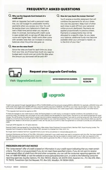 Personal loans direct mail example: Flexible credit-line offer package. Envelope, green card-and-credit-line offer, fee-free access benefits, repayment FAQ, and online response.
