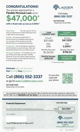 Personal loans direct mail example: Flexible-loan debt-consolidation package. Plain envelope, pre-approved loan amount, current-debt comparison, savings table, QR code, and phone response.