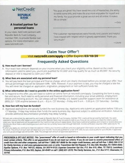 Personal loans direct mail example: Photo-led pre-qualified loan package. Envelope, pre-qualified amount letter, online eligibility steps, lifestyle image, and FAQ insert.