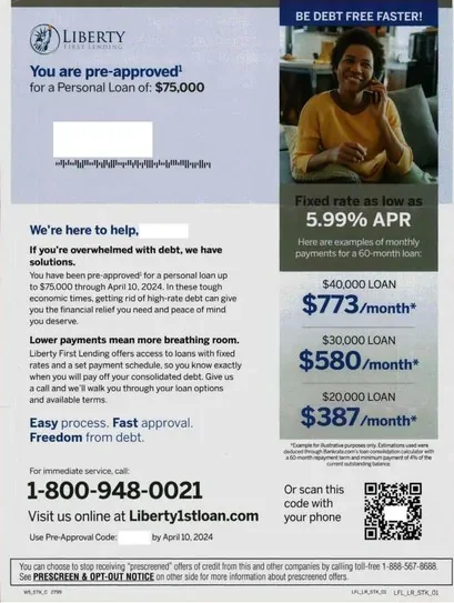 Personal loans direct mail example: Debt-free-faster pre-approval package. Pre-approved envelope, photo-led debt-relief letter, fixed-rate payment examples, QR code, and phone response.