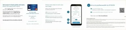 Personal loans direct mail example: Mobile flex-loan foldout. Wide foldout with 24-hour funding message, financial-control benefits, mobile-app image, and online response.