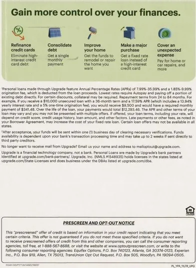Personal loans direct mail example: Personal-loan control guide. Personalized pre-approval letter, green control-over-finances panel, five use cases, three-step application, and QR code.