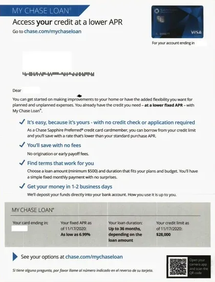 Personal loans direct mail example: Credit-access loan package. Bank envelope, lower-APR loan letter, account-based benefits checklist, mobile-app QR code, and online response.