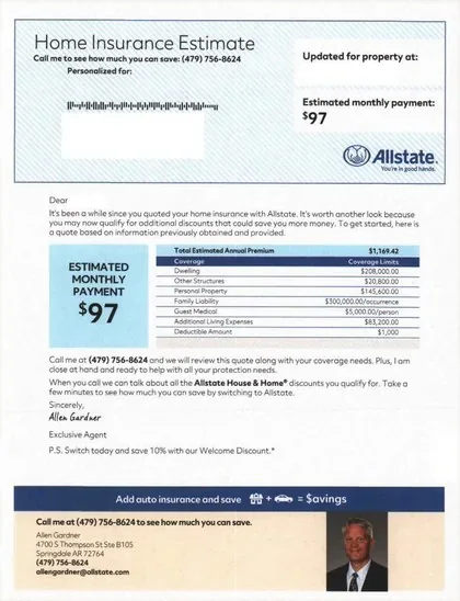 Property insurance direct mail example: Home-estimate protection packet. Plain envelope, home-insurance estimate, premium table, protection copy, and call-to-action footer.