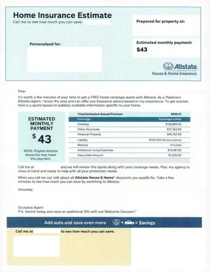Property insurance direct mail example: Quality-protection price packet. Envelope, home-estimate table, protection explanation, and response panel.