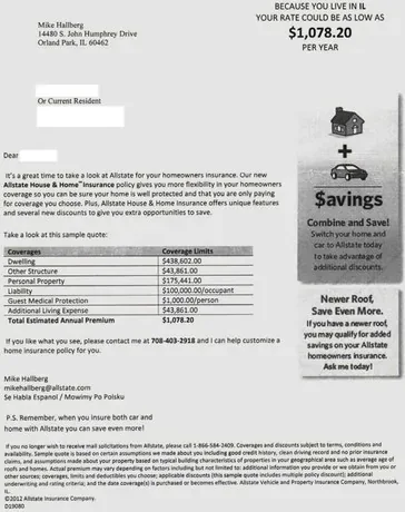 Property insurance direct mail example: Renewal savings notice. Plain envelope, renewal notice, home premium table, savings panel, and call response.