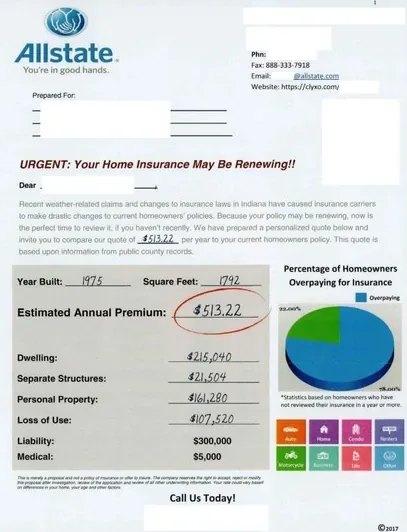 Property insurance direct mail example: Agent-led renewal review. Envelope and annual-renewal letter with premium breakdown, coverage pie chart, and agent contact.