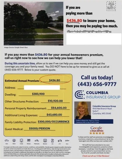 Property insurance direct mail example: Broker home-premium quote letter. Envelope, home image, premium table, local-agent information, and phone response.