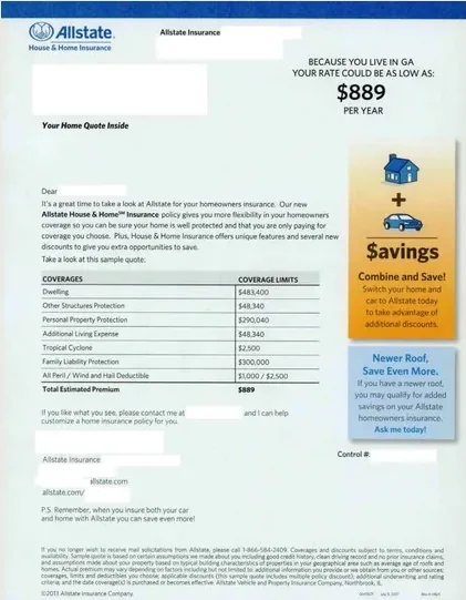Property insurance direct mail example: Savings-card renewal notice. Envelope, renewal letter, savings card, home premium table, and call-to-action panel.