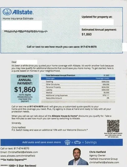 Property insurance direct mail example: Estimate and protection comparison packet. Envelope, home estimate, price table, quality-protection copy, and response panel.