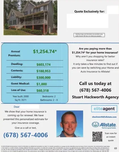 Property insurance direct mail example: Dark-envelope home quote packet. Dark blue envelope, home photo, premium estimate, and agent call-to-action.