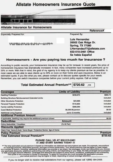 Property insurance direct mail example: Homeowners coverage quote table. Envelope, detailed homeowners quote, coverage table, and premium summary.