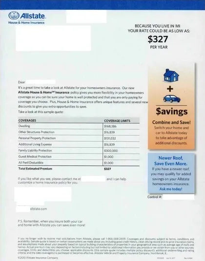 Property insurance direct mail example: Renewal savings summary. Plain envelope, renewal notice, annual premium table, and blue savings panel.