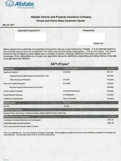 Property insurance direct mail example: Homeowners policy summary packet. Envelope, multi-row policy summary, coverage amounts, and follow-up contact page.