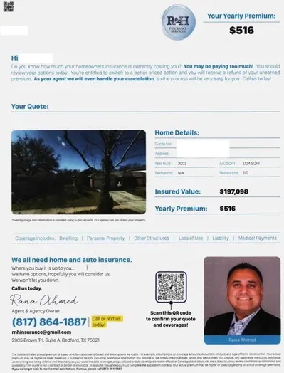 Property insurance direct mail example: Photo-led home quote. Envelope, property photo, premium estimate, home details, and agent contact.