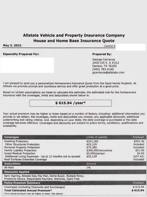 Property insurance direct mail example: Formal property quote statement. Envelope, formal quote statement, coverage table, and follow-up instructions.