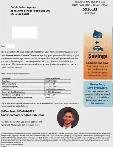 Property insurance direct mail example: Savings-led renewal package. Envelope, renewal letter, savings panel, premium breakdown, and QR or phone response.