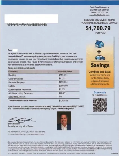 Property insurance direct mail example: Blue home estimate package. Envelope, blue-toned home estimate, property details, savings callout, and agent contact.
