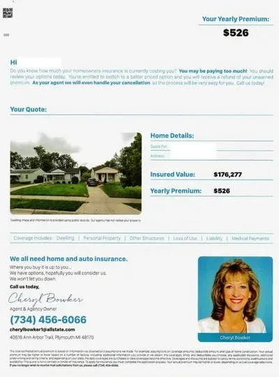Property insurance direct mail example: Home-photo agent quote. House-photo envelope, home estimate, premium table, and local-agent response.