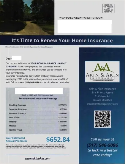 Property insurance direct mail example: Time-to-renew renewal notice. Envelope, renewal notice, dark blue timing panel, premium summary, and call response.