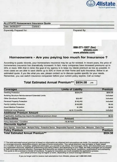 Property insurance direct mail example: Homeowners quote with decision table. Envelope, detailed homeowners quote, highlighted premium table, and response information.