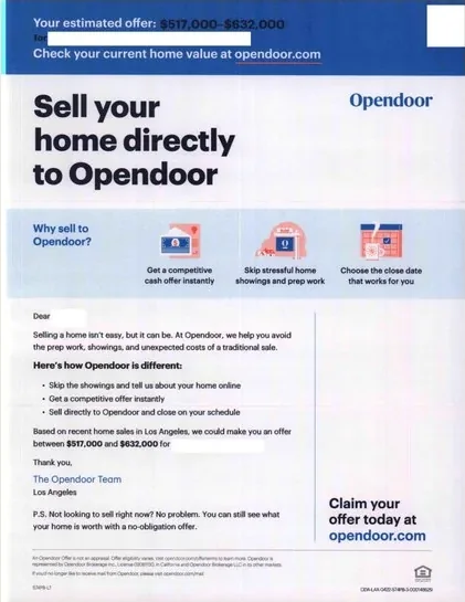 Home selling direct mail example: Direct home-buyer estimated-value package. Branded-looking envelope, estimated home-value headline, direct-sale explanation, and online response.