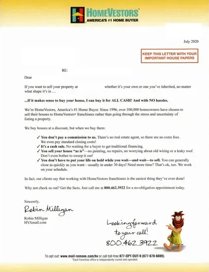 Home selling direct mail example: HomeVestors handwritten cash-offer letter. Handwritten-style letter, cash-for-house promise, no-obligation language, and phone response.
