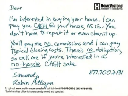 Home selling direct mail example: HomeVestors concise cash-sale letter. Two-page letter package, handwritten-style cash offer, closing-cost message, and phone response.