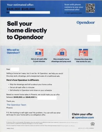 Home selling direct mail example: Opendoor sell-home-directly package. Blue-and-pink offer package, home-value estimate, direct-sale benefits, and phone response.