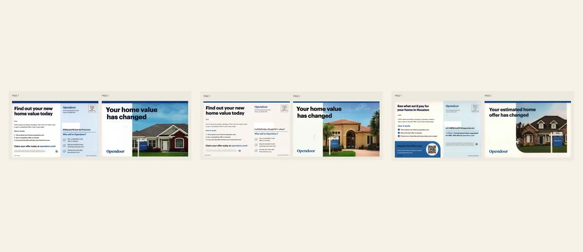 Examples of Opendoor home-value-change self-mailer