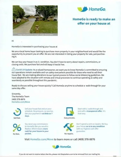 Home selling direct mail example: HomeGo home-sale offer packet. Envelope and letter package, estimated offer, home-selling explanation, benefits list, and shop-or-order response.